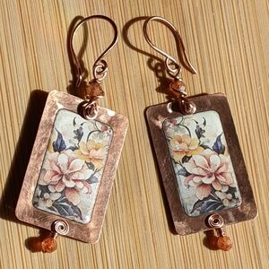 Floral Copper Earrings Natural Sunstone Gems Artisan Crafted Jewelry